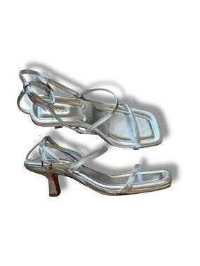 Vince Callie Kitten Heel Metallic Silver Leather Sandals